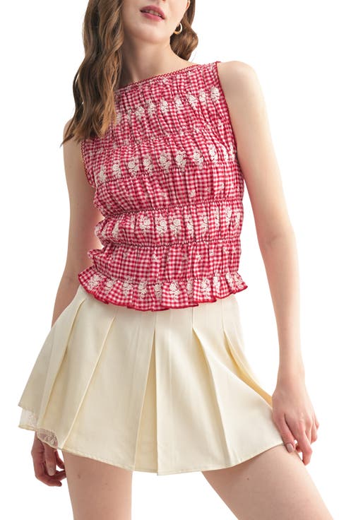 Embroidered Gingham Check Sleeveless Cotton Top