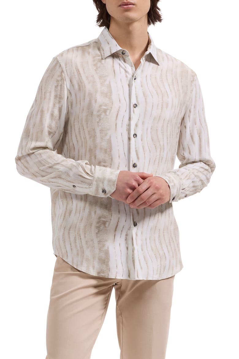 Julian Shaped Fit Wave Print Button-Up Shirt, Main, color, ALMOND