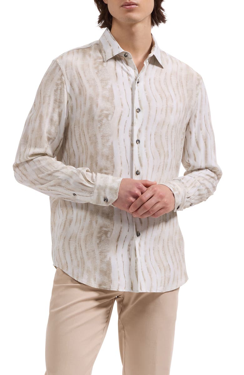 Bugatchi Julian Shaped Fit Wave Print Button-Up Shirt, Main, color, Almond