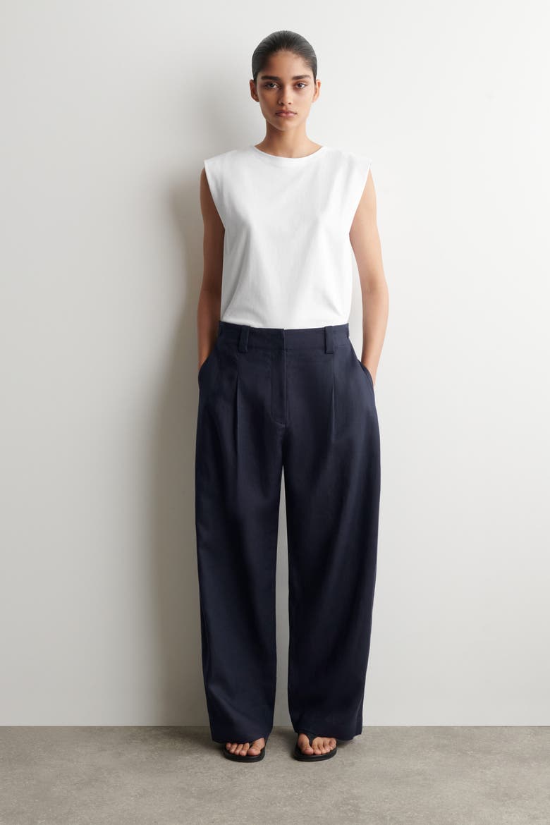 Buckle-detail Linen Balloon-leg Pants, Alternate, color, NAVY