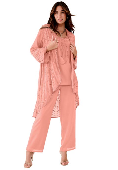 Plus Size Beaded Georgette Scoop Neck 3-Piece Pant Set (Plus)