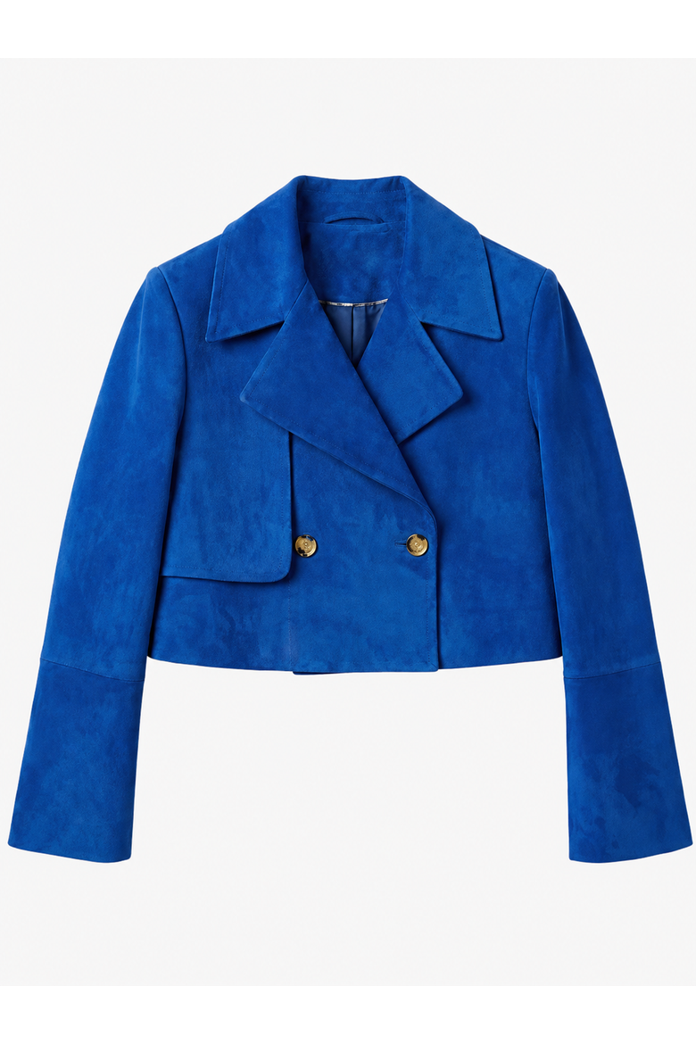 Saphira Premium Suede Leather Cropped Double-Breasted Jacket, Main, color, Blue