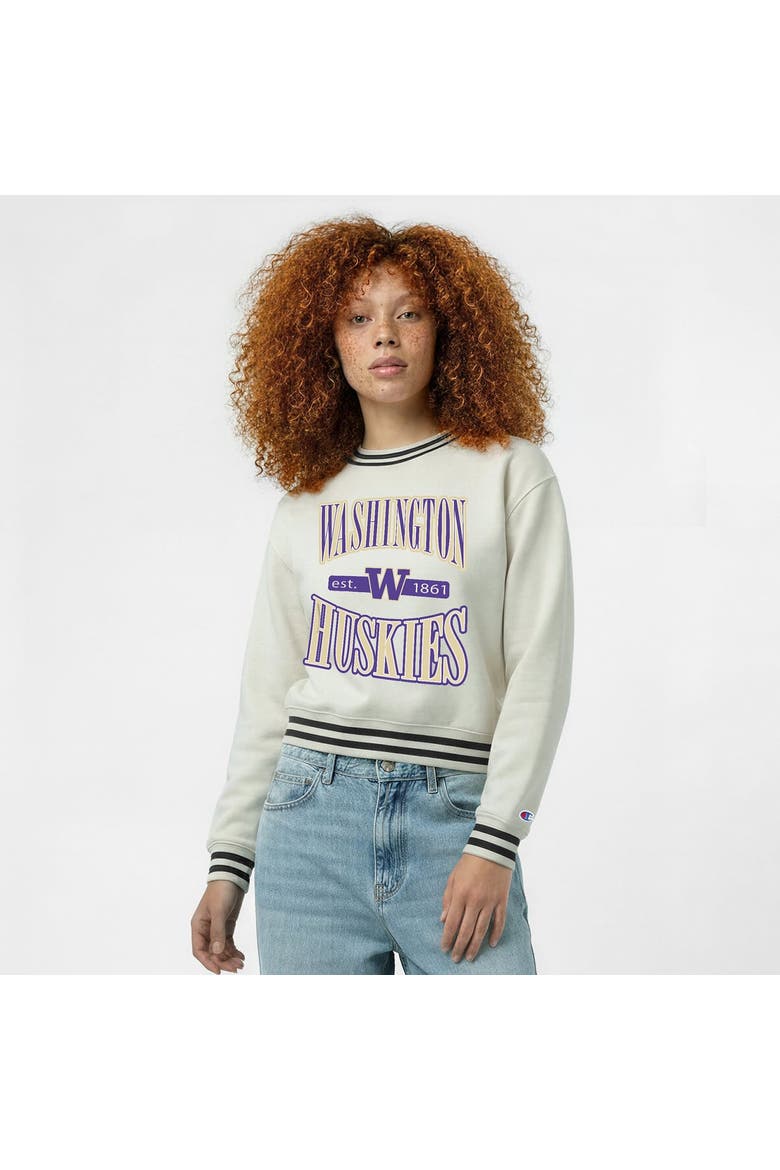 Women's Champion  White Washington Huskies Yarn Dye Rib Reverse Weave Crew Sweatshirt, Main, color, White