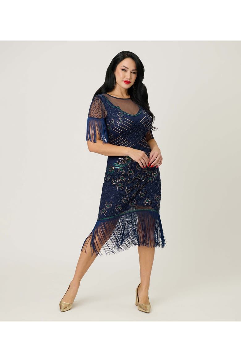 Beaded Nadine Fringe Flapper Dress, Alternate, color, Blue & Green Peacock Beaded