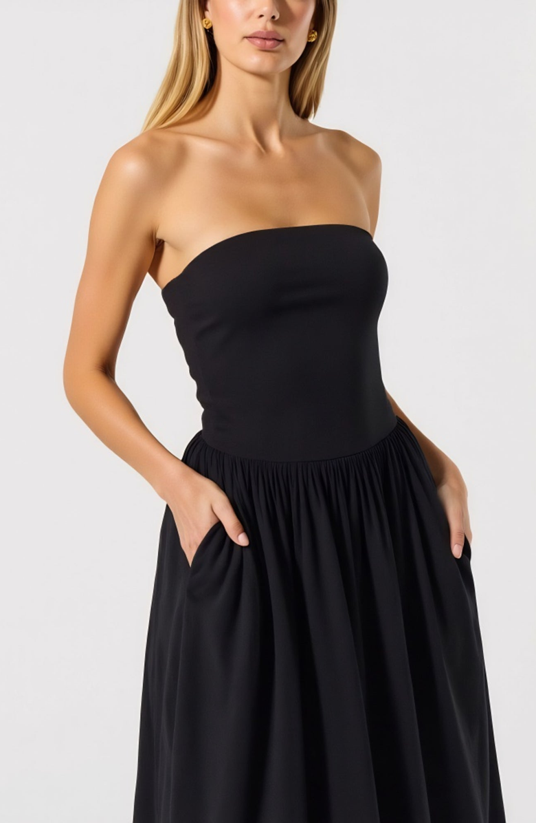 Modenaire Strapless Smocked Bodice Midi Dress with Flowy Skirt and Pockets, Alternate, color, Black