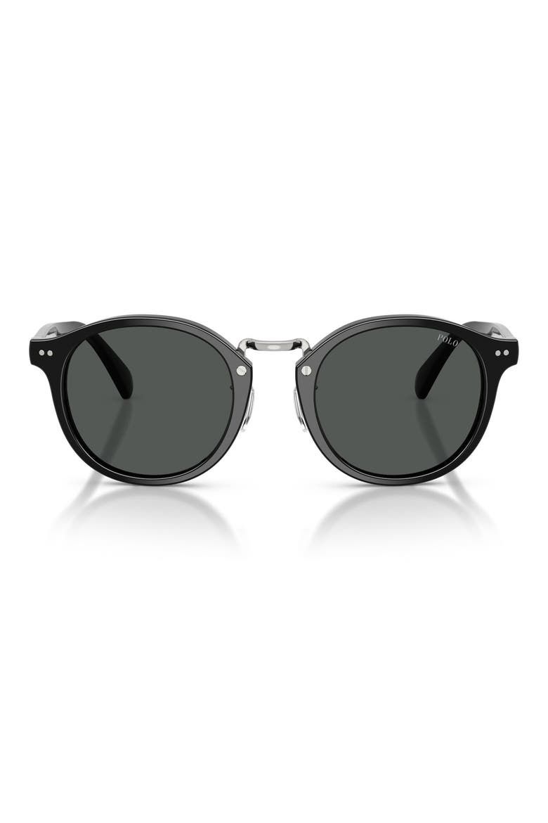 50mm Round Sunglasses, Main, color, SHINY BLACK / DARK GREY