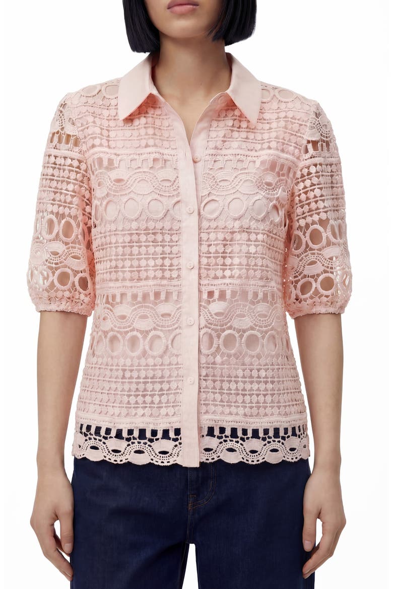 Brianna Lace Puff Sleeve Button-Up Top, Main, color, PALE PINK