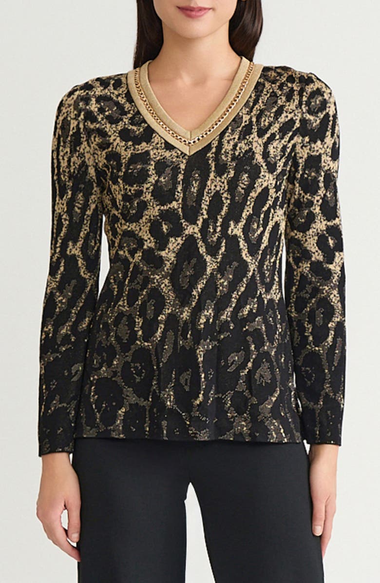 Ming Wang Metallic Leopard Jacquard Tunic, Main, color, Black/ Gold