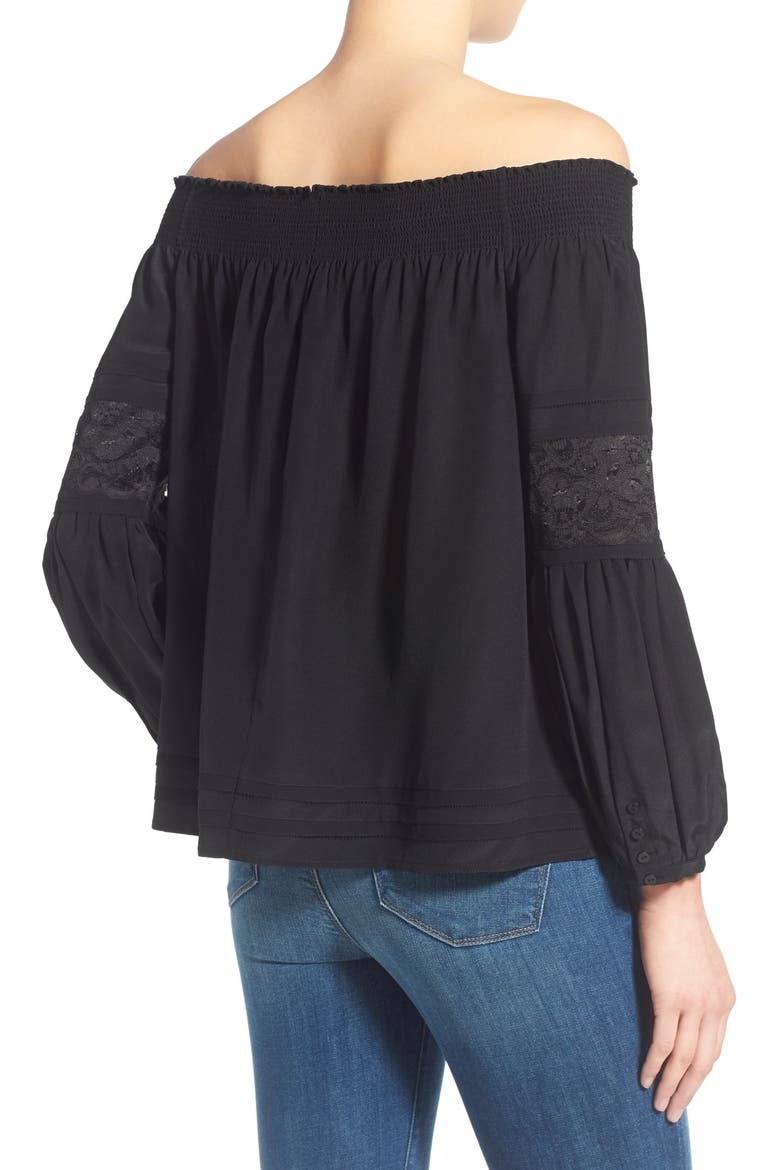 Olivia Palermo + Chelsea28 Silk Off the Shoulder Peasant Top, Alternate, color, BLACK