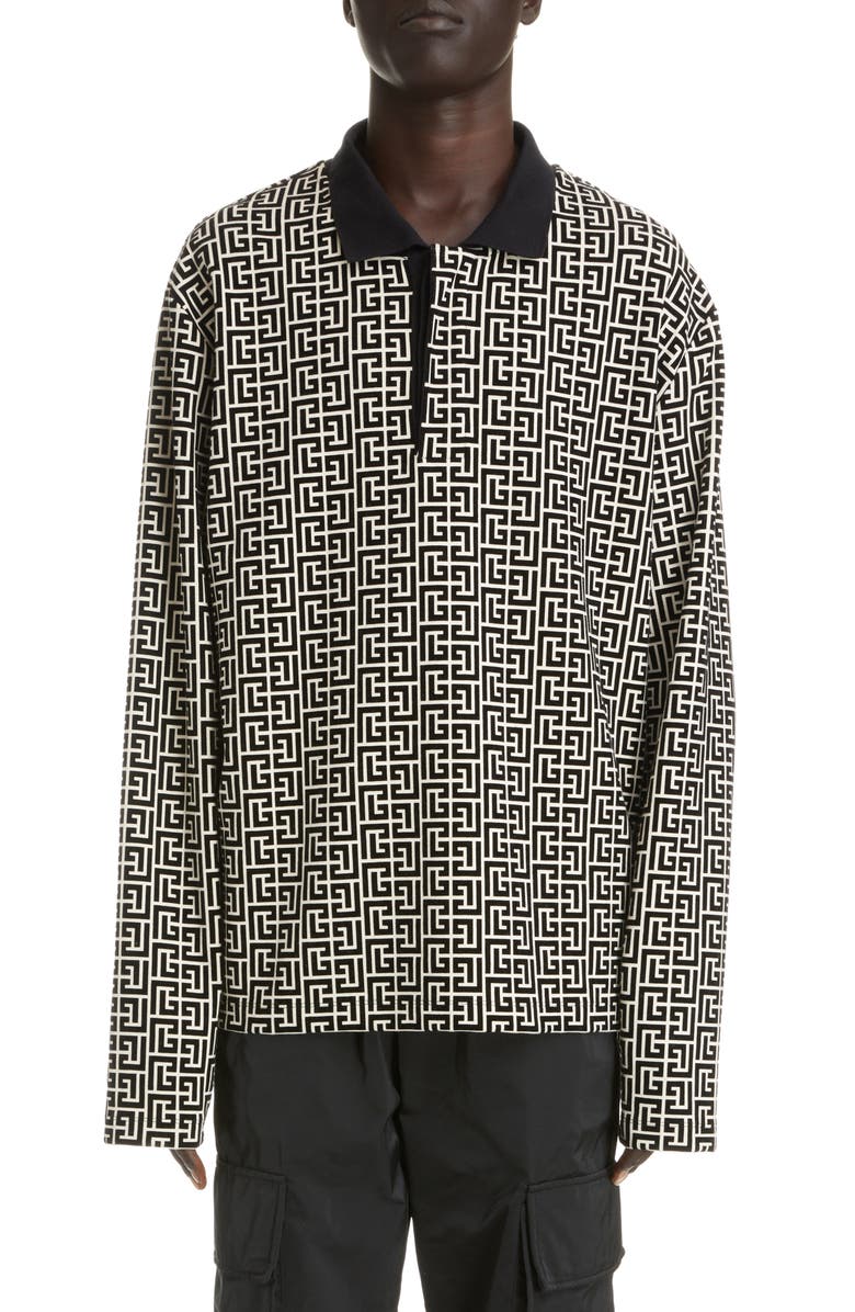 Balmain Monogram Jacquard Long Sleeve Polo, Main, color, 