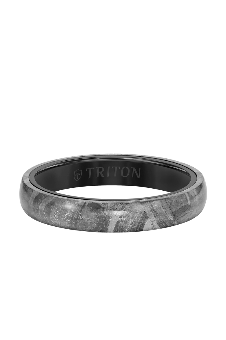 5MM Meteorite Ring with Black Tungsten Sleeve and Low Dome with Flat Edge, Alternate, color, Metallic Silver