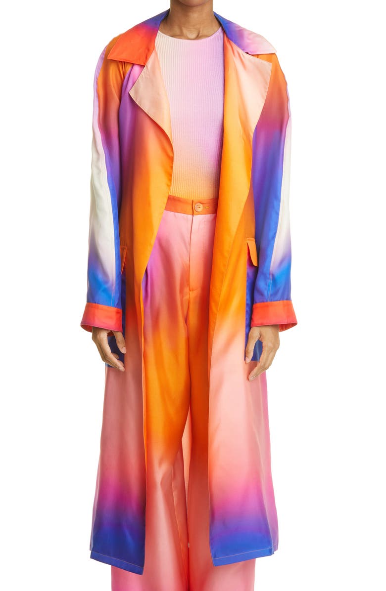 LAPOINTE Aura Print Silk Taffeta Trench Coat, Main, color, 