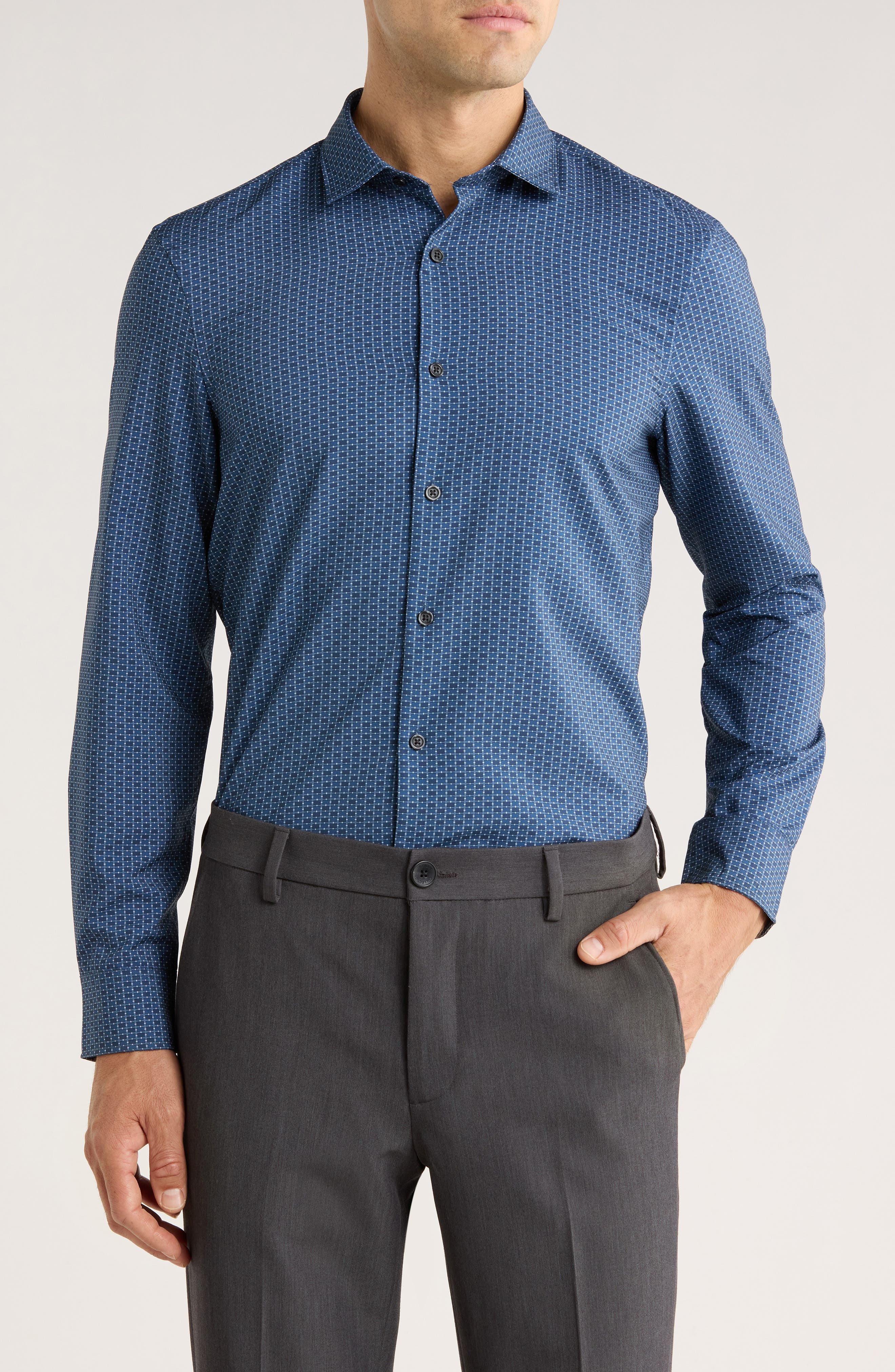 Perry Ellis Slim Fit Geometric Grid Motion Dress Shirt
