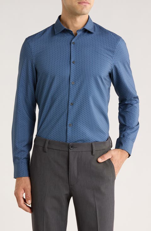 Slim Fit Geometric Grid Motion Dress Shirt