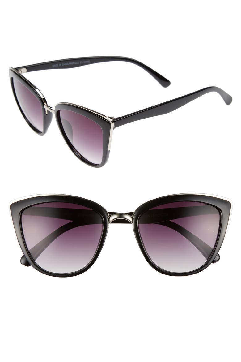 55mm Metal Rim Cat Eye Sunglasses, Main, color, BLACK