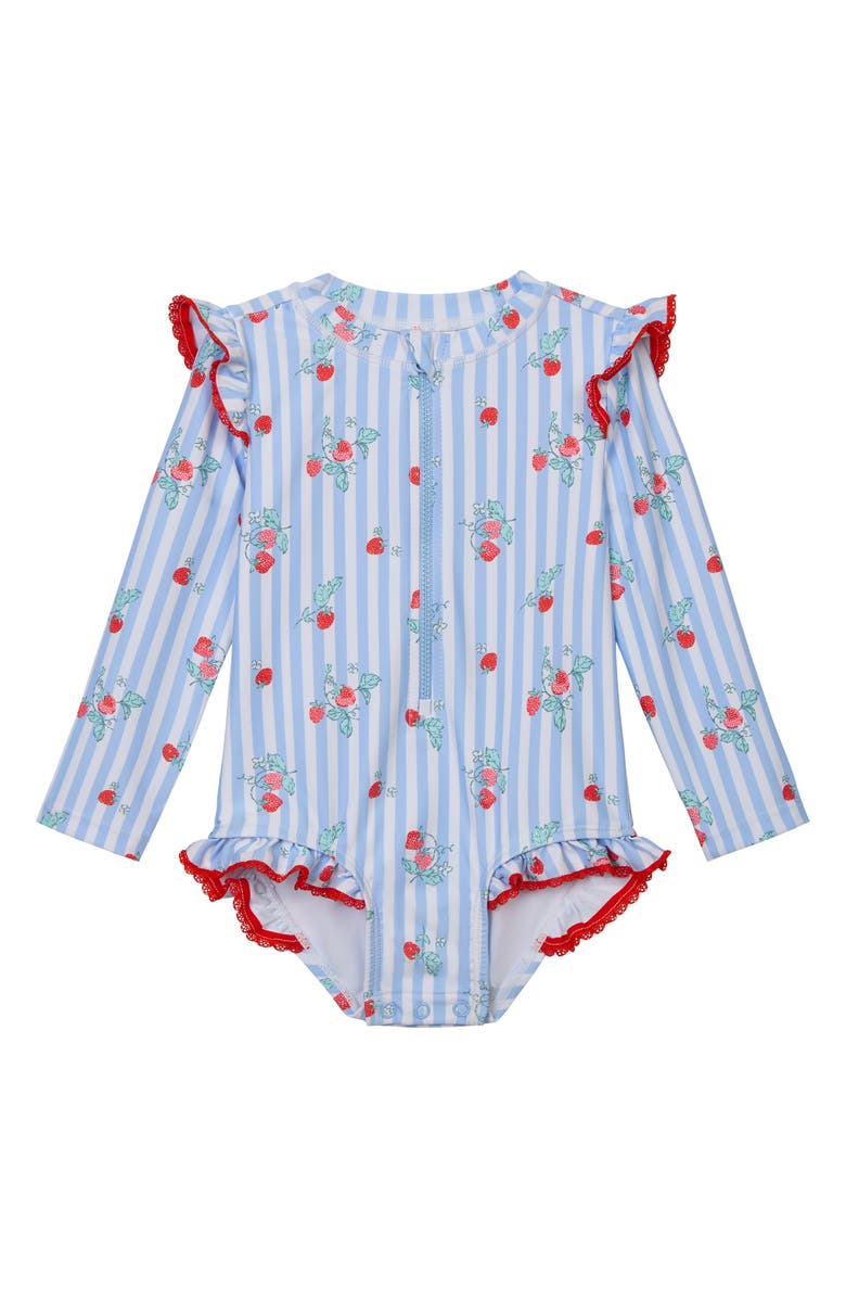 OSHKOSH BGOSH Ruffled Long Sleeve One-Piece Rashguard Swimsuit & Hat Set, Alternate, color, Sky Blue