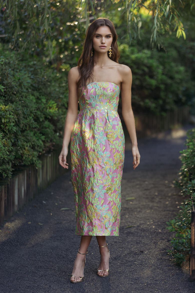 Strapless Floral Brocade Midi Dress, Alternate, color, Blush Multi