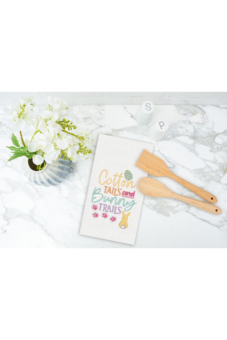 "Cotton Tails & Bunny Trails" Easter Rabbit Embroidered Cotton Waffle Weave Kitchen Dishtowel, Alternate, color, White