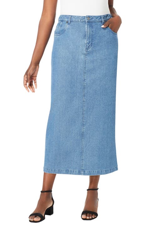 Jessica London True Fit Stretch Denim Midi Skirt In Blue