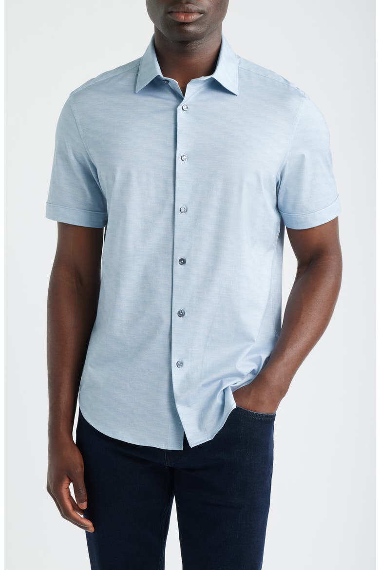 Miles OoohCotton® Herringbone Print Short Sleeve Button-Up Shirt, Main, color, AIR BLUE