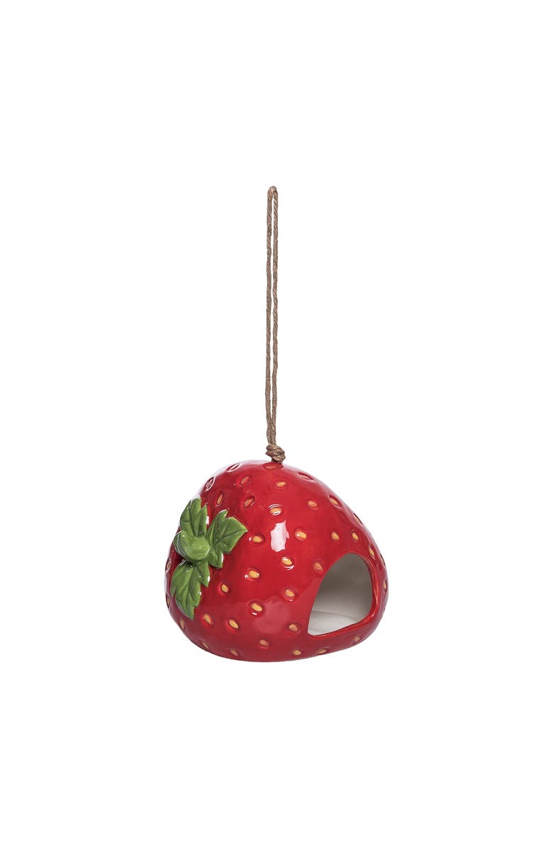 Transpac Dolomite Fly Through Strawberry Bird Feeder Birdfeeder Multicolored for Spring Garden Decor, Main, color, Red