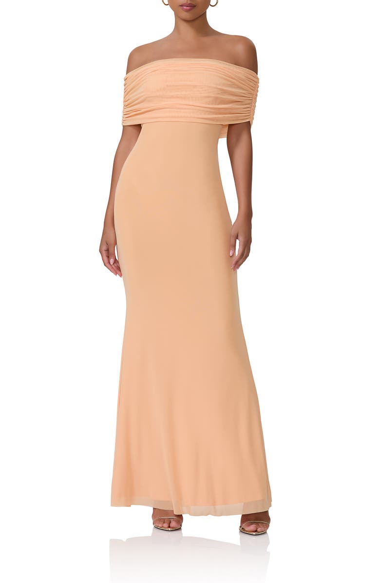 AFRM McCall Off the Shoulder Mesh Maxi Dress, Main, color, Peach Fuzz