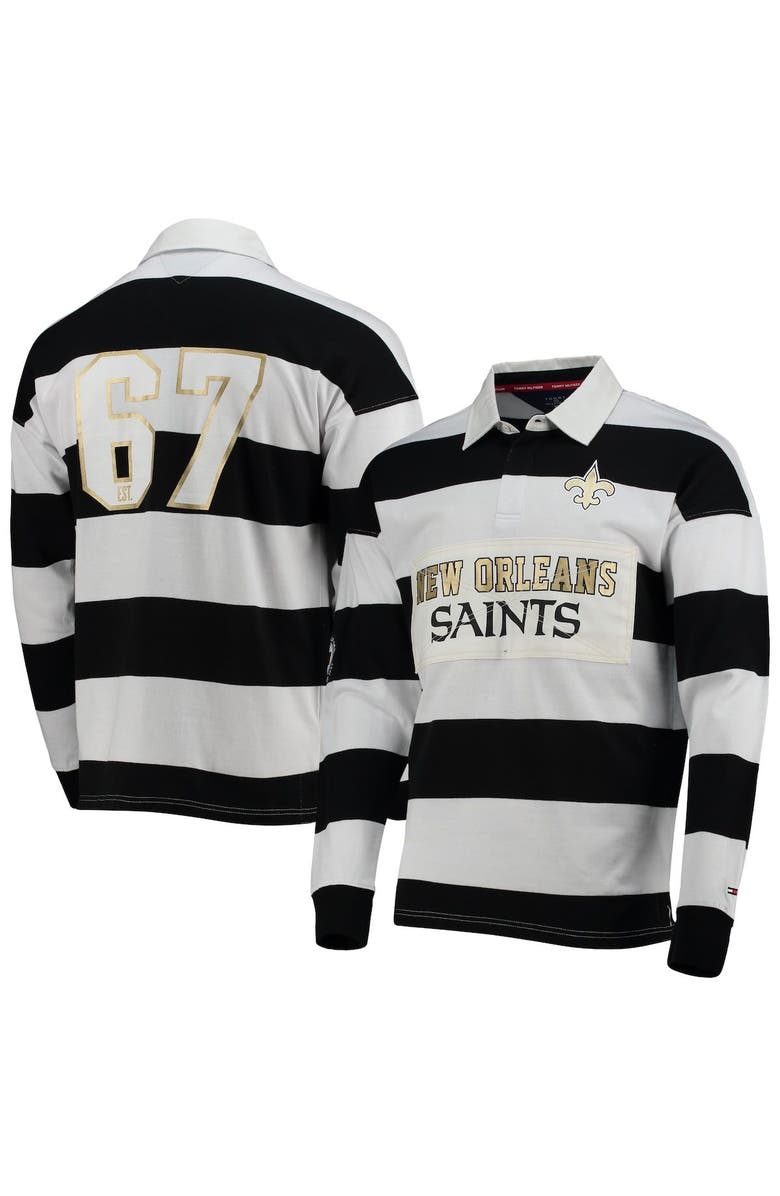 Tommy Hilfiger Men's Tommy Hilfiger Black/White New Orleans Saints Varsity Stripe Rugby Long Sleeve Polo, Main, color, 