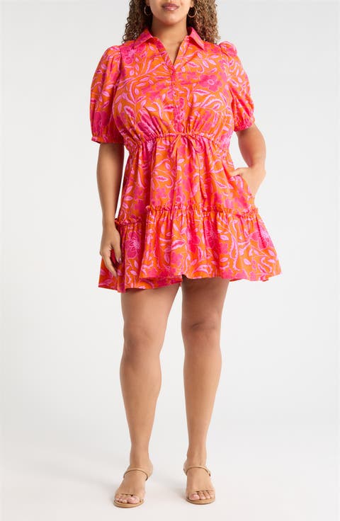 Rea Floral Stacie Puff Sleeve Button-Up Cotton Minidress (Plus)