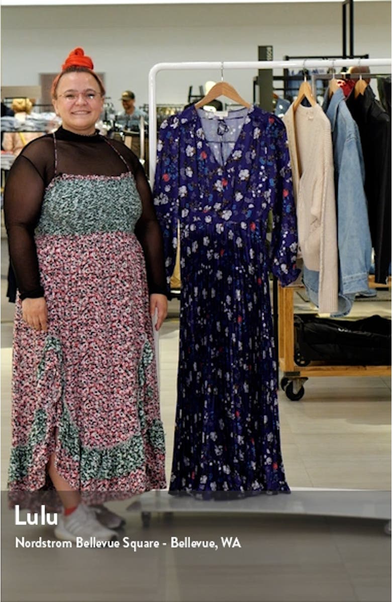 Floral Long Sleeve Pleat Satin Dress, sales video thumbnail