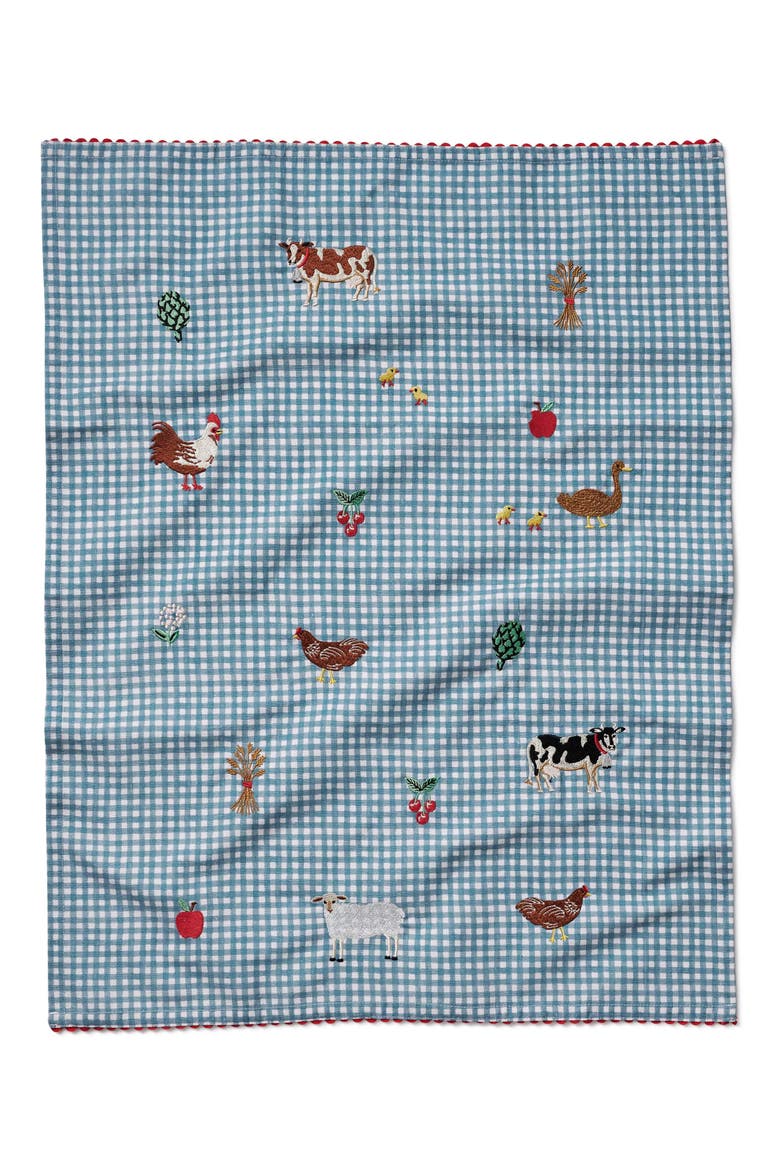 Gingham Country Farm Embroidered Tea Towel, Main, color, BLUE