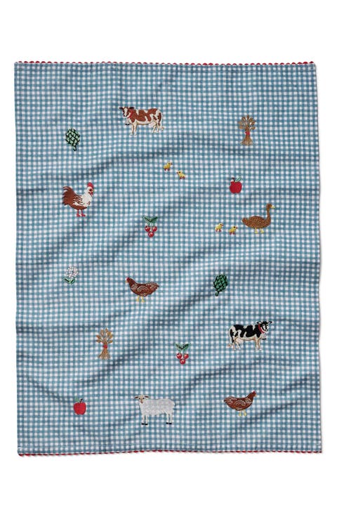 Gingham Country Farm Embroidered Tea Towel