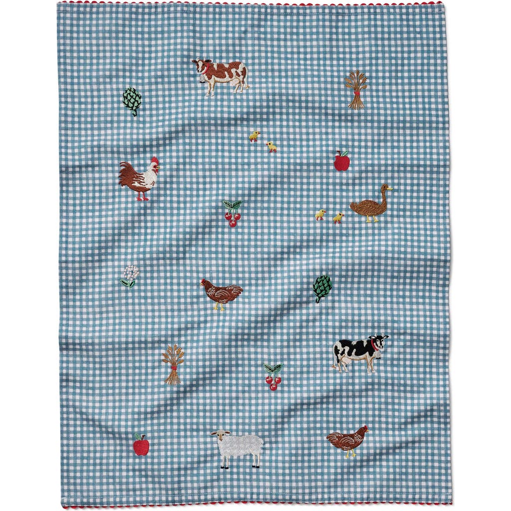 Rifle Paper Co . Gingham Country Farm Embroidered Tea Towel In Blue