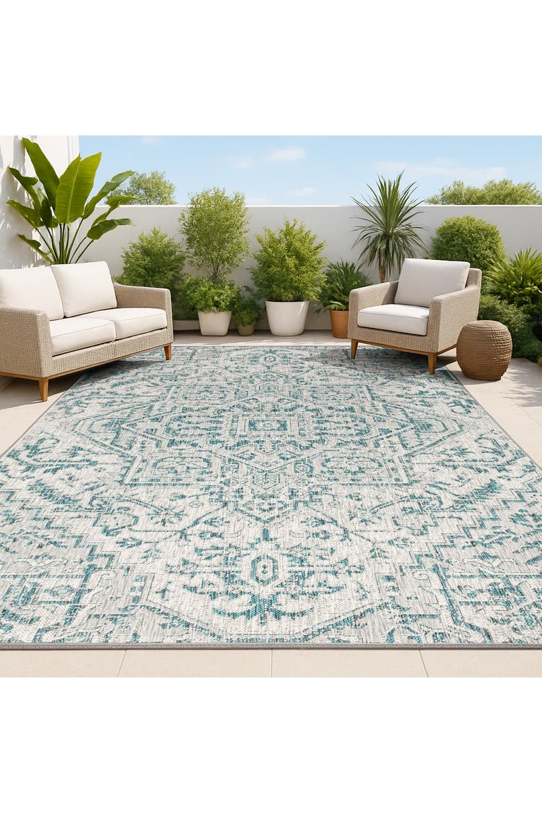 Estrella Bohemian Medallion Textured Weave Indoor/Outdoor Area Rug, Alternate, color, Teal/Gray