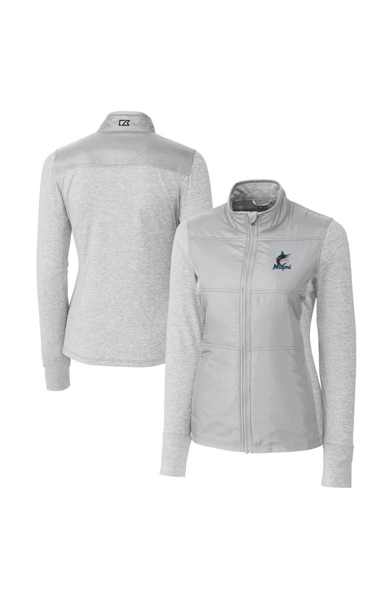 Cutter & Buck Women's Cutter & Buck  Gray Miami Marlins DryTec Stealth Hybrid Quilted Full-Zip Windbreaker Jacket, Main, color, 