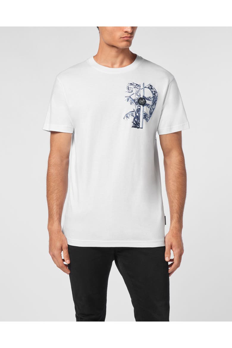 T-Shirt Round Neck Skull Men, Main, color, white