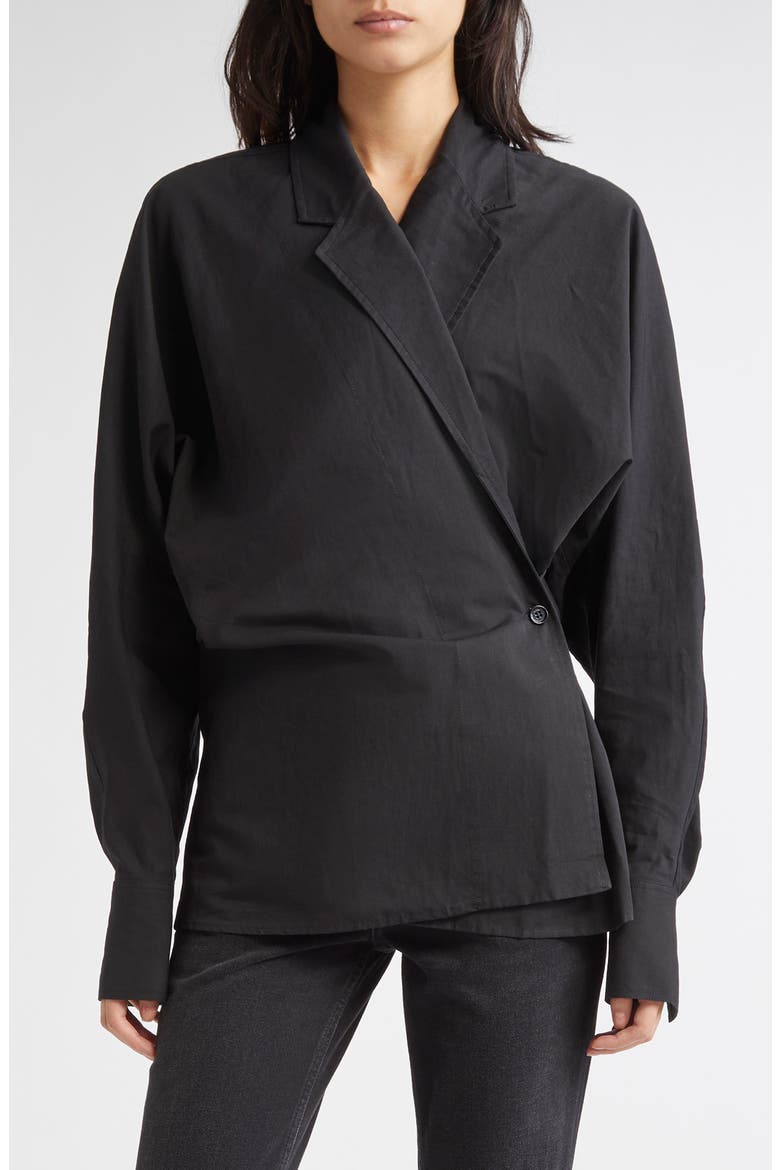 Long Sleeve Organic Cotton & Linen Wrap Top, Main, color, BLACK