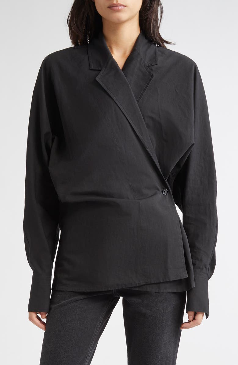 TOTEME Long Sleeve Organic Cotton & Linen Wrap Top, Main, color, Black