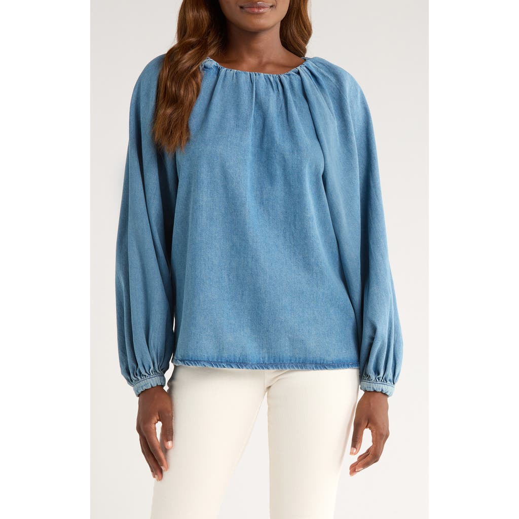 Topshop Puff Sleeve Denim Shirt In Blue