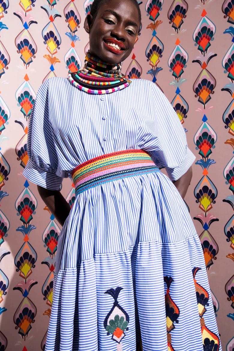 Embroidered Striped Cotton Dress, Alternate, color, White / Blue Multicolo