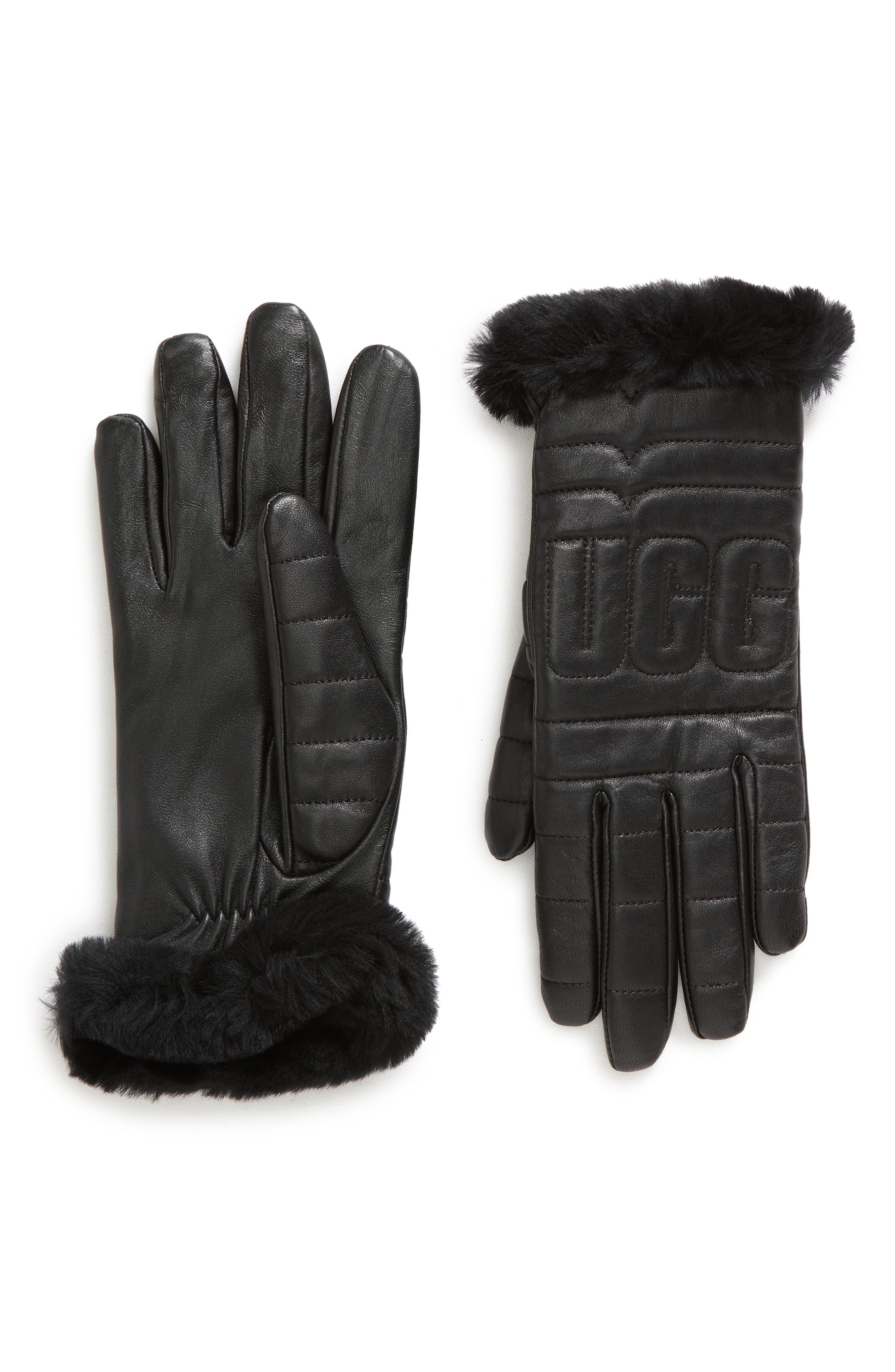 UGG® Logo Quilted Leather & Genuine Shearling Gloves