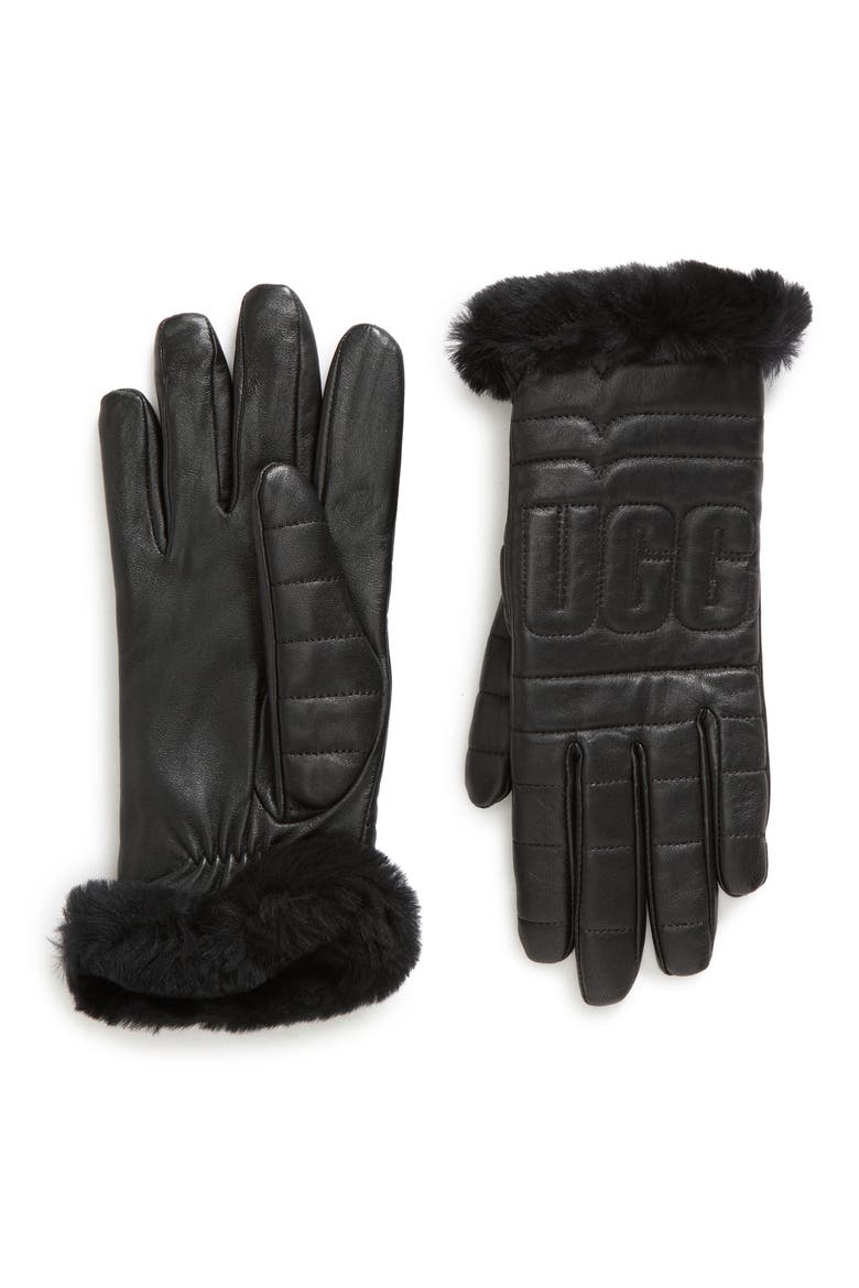 Logo Quilted Leather & Genuine Shearling Gloves, Main, color, BLACK