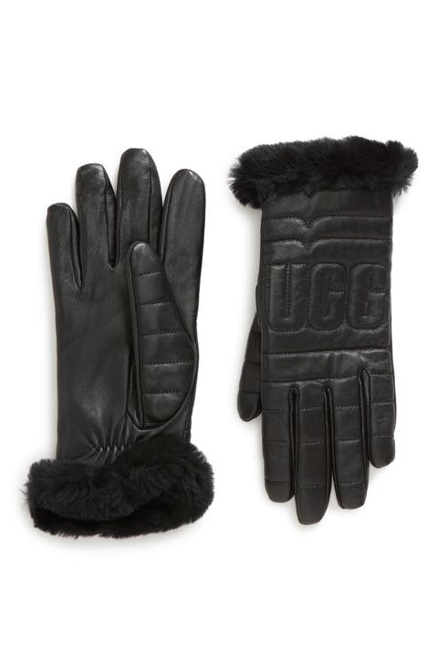 Logo Quilted Leather & Genuine Shearling Gloves