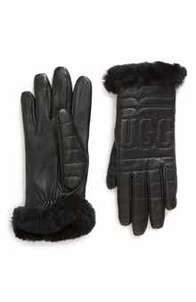 UGG® Logo Quilted Leather & Genuine Shearling Gloves