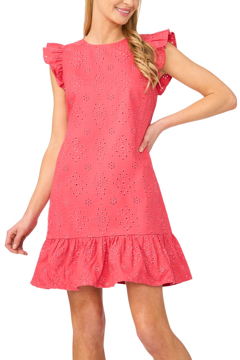 Ruffle Eyelet Cotton Dress, Alternate, color, CLARET RED