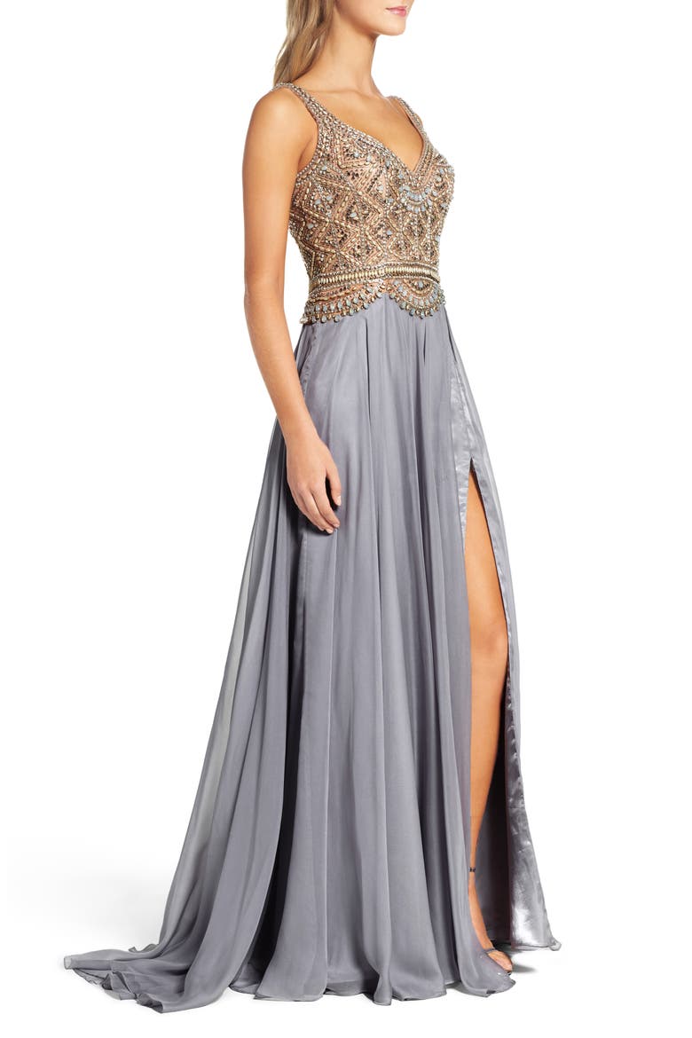 Beaded Chiffon Ballgown, Alternate, color, PLATINUM
