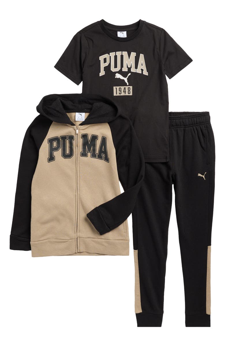 PUMA Kids' Logo Fleece Zip Hoodie, Jersey T-Shirt & Joggers Set, Main, color, Multi Black