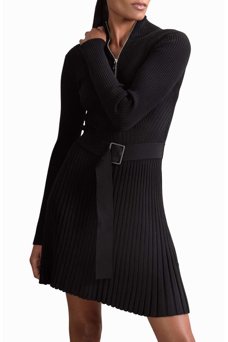 Vienna Half Zip Long Sleeve Rib Sweater Dress, Main, color, BLACK