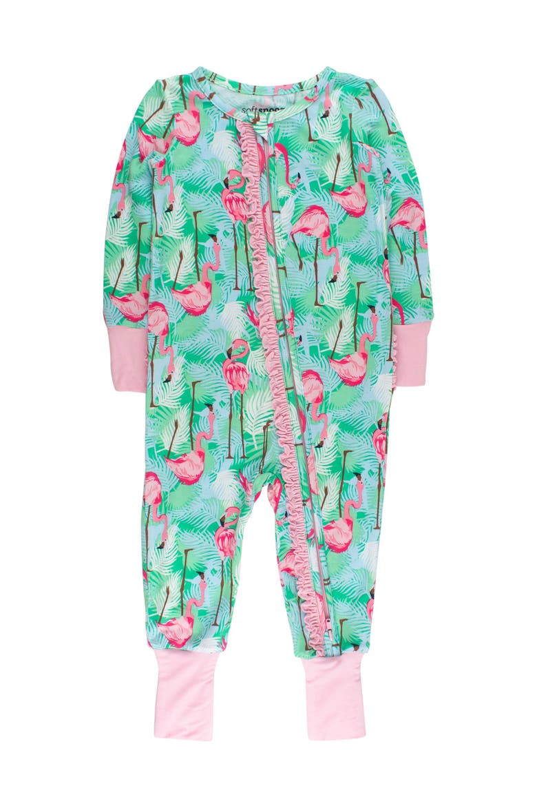 Baby Girls SoftSnooze Convertible Ruffle One Piece Pajama, Main, color, Green Vibrant Flamingo