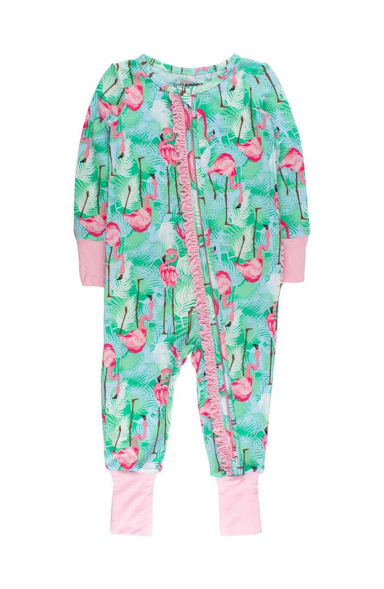 RuffleButts Baby Girls SoftSnooze Convertible Ruffle One Piece Pajama, Main, color, Green Vibrant Flamingo
