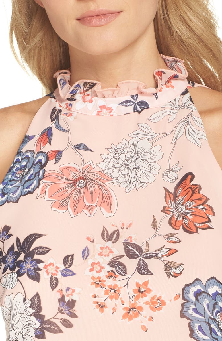 Vince Camuto Floral Ruffle Neck Chiffon Shift Dress, Alternate, color, 